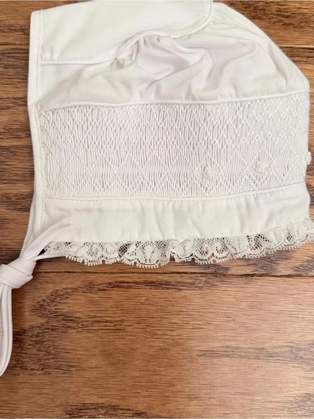 Smocked Classic White Lace-Trim Baby Bonnet